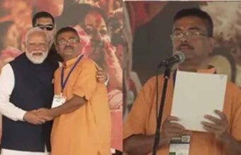ब्रिगेड ग्राउंड में ऐतिहासिक शपथ समारोह, दुर्गा छवि और गेरुआ प्रतीकों से सजा मंच